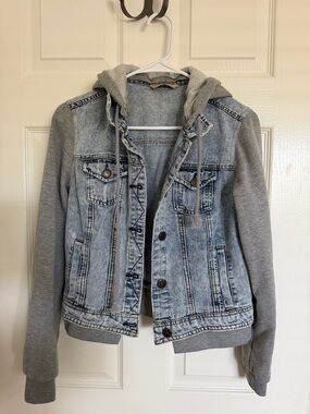 Highway Jeans Light Wash Blue Denim Jacket with Gray Hoodie Sleeves
